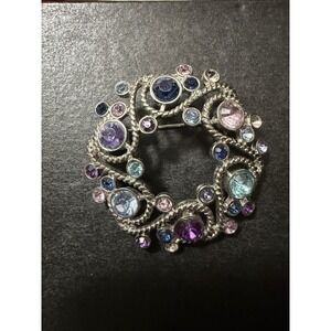 NAPIER Brooch/Pin Signed Estate Vintage Blue Teal Purple Rhinestones Silver Tone